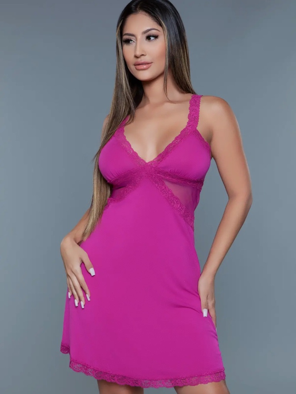 Lace-Trim Chemise Nightdress in Fuchsia - Women Intimates